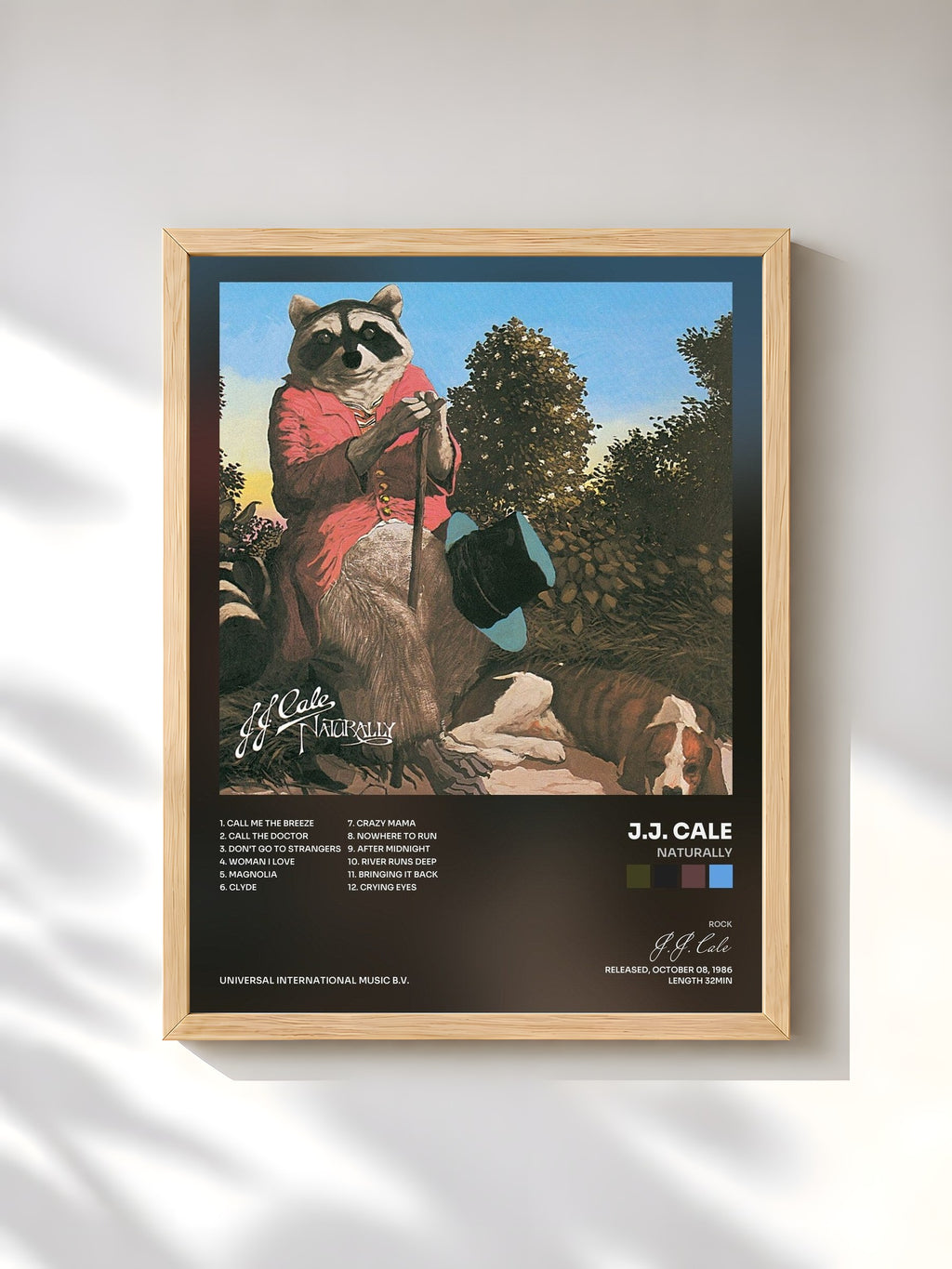 #bois Tableau de l'album Naturally de J.J. Cale, cadre en bois brut, imprimé et encadré en France