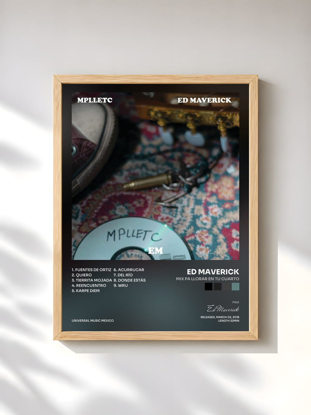 #bois Tableau de l'album mix pa llorar en tu cuarto de Ed Maverick, cadre en bois brut, imprimé et encadré en France