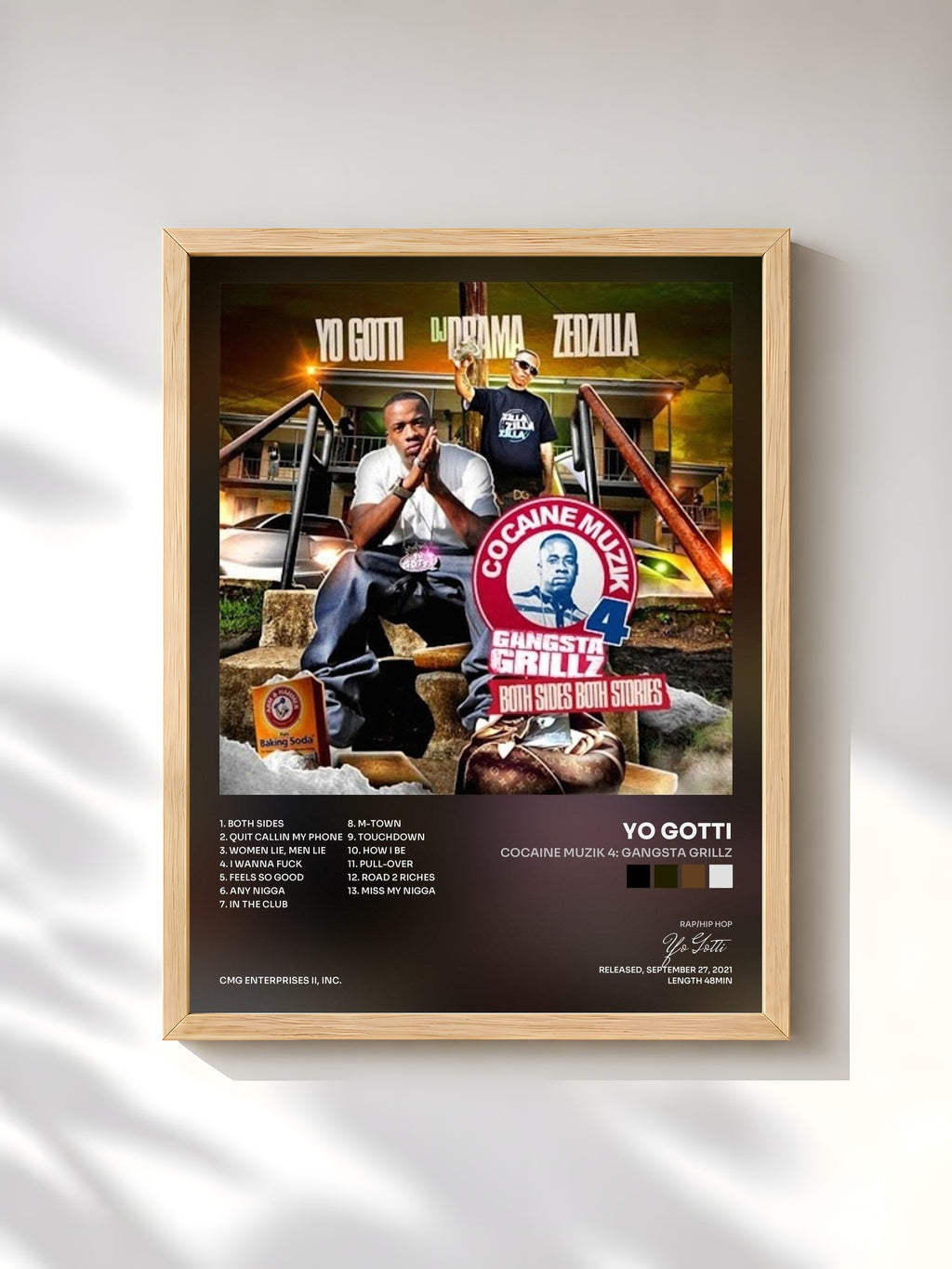 #bois Tableau de l'album Cocaine Muzik 4: Gangsta Grillz de Yo Gotti, cadre en bois brut, imprimé et encadré en France
