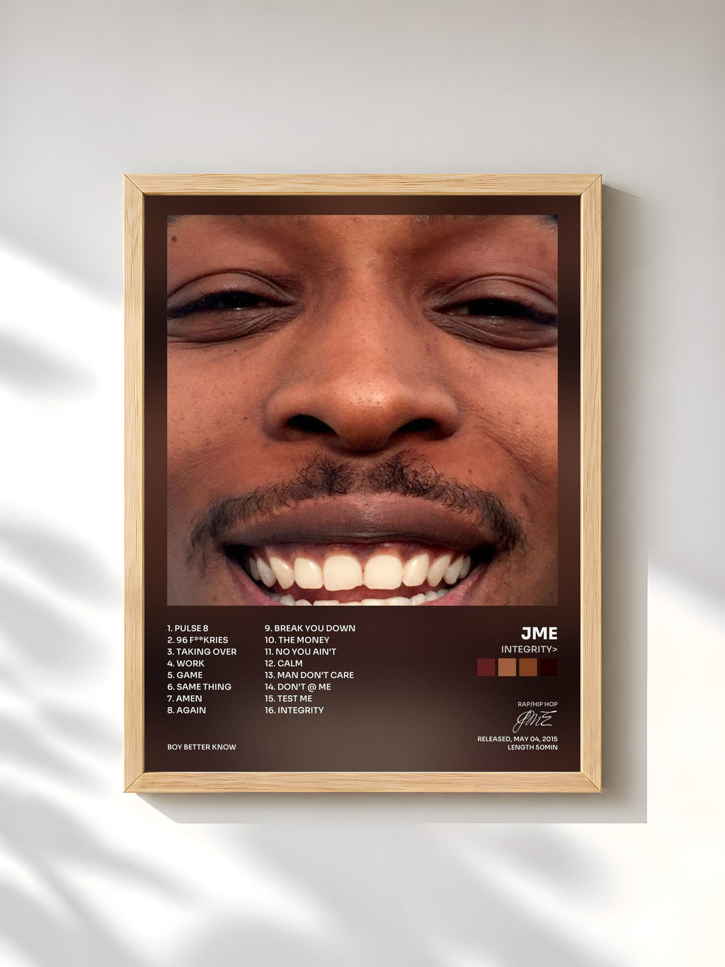 #bois Tableau de l'album Integrity> de JME, cadre en bois brut, imprimé et encadré en France