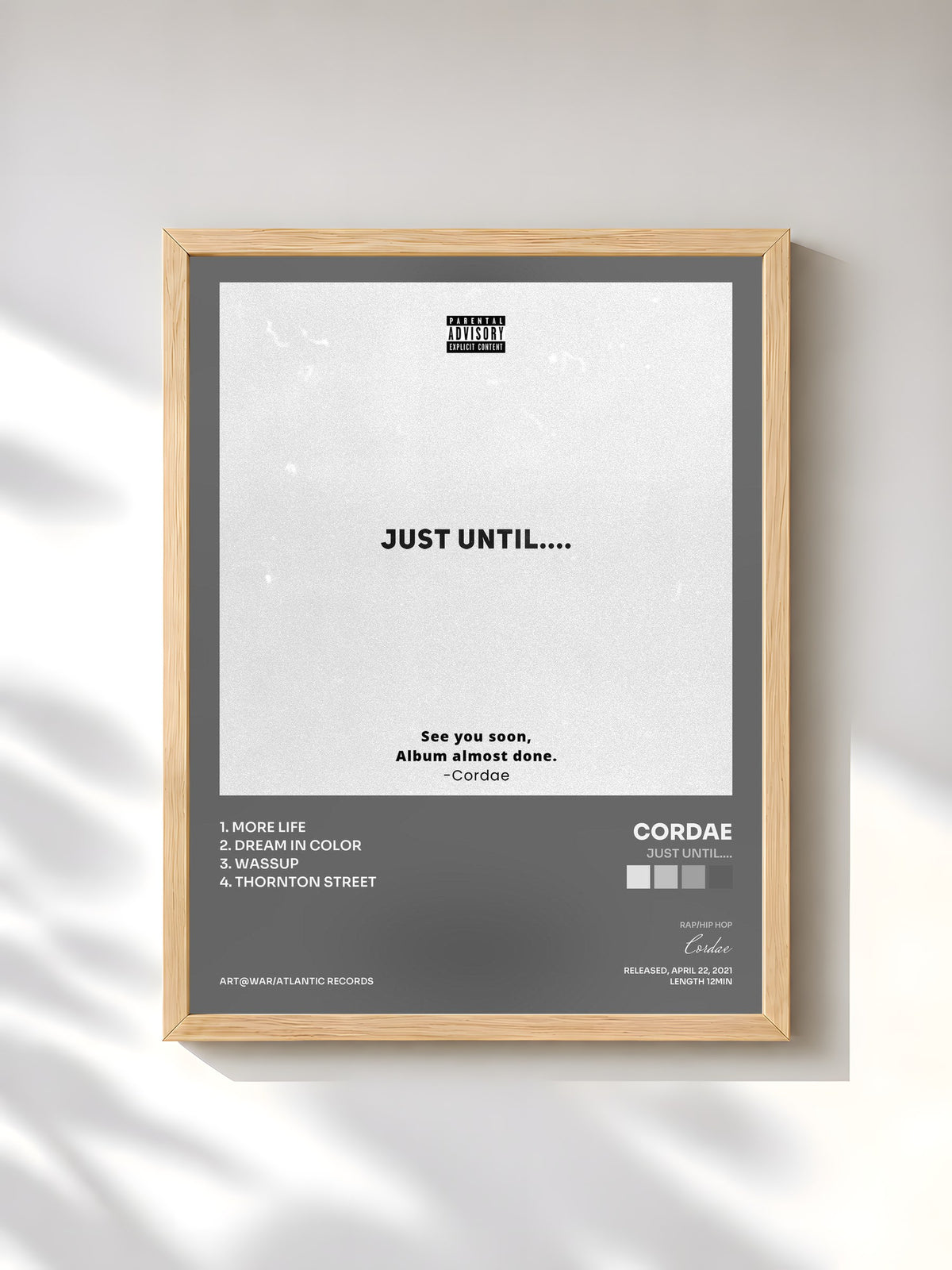 #bois Tableau de l'album Just Until.... de Cordae, cadre en bois brut, imprimé et encadré en France