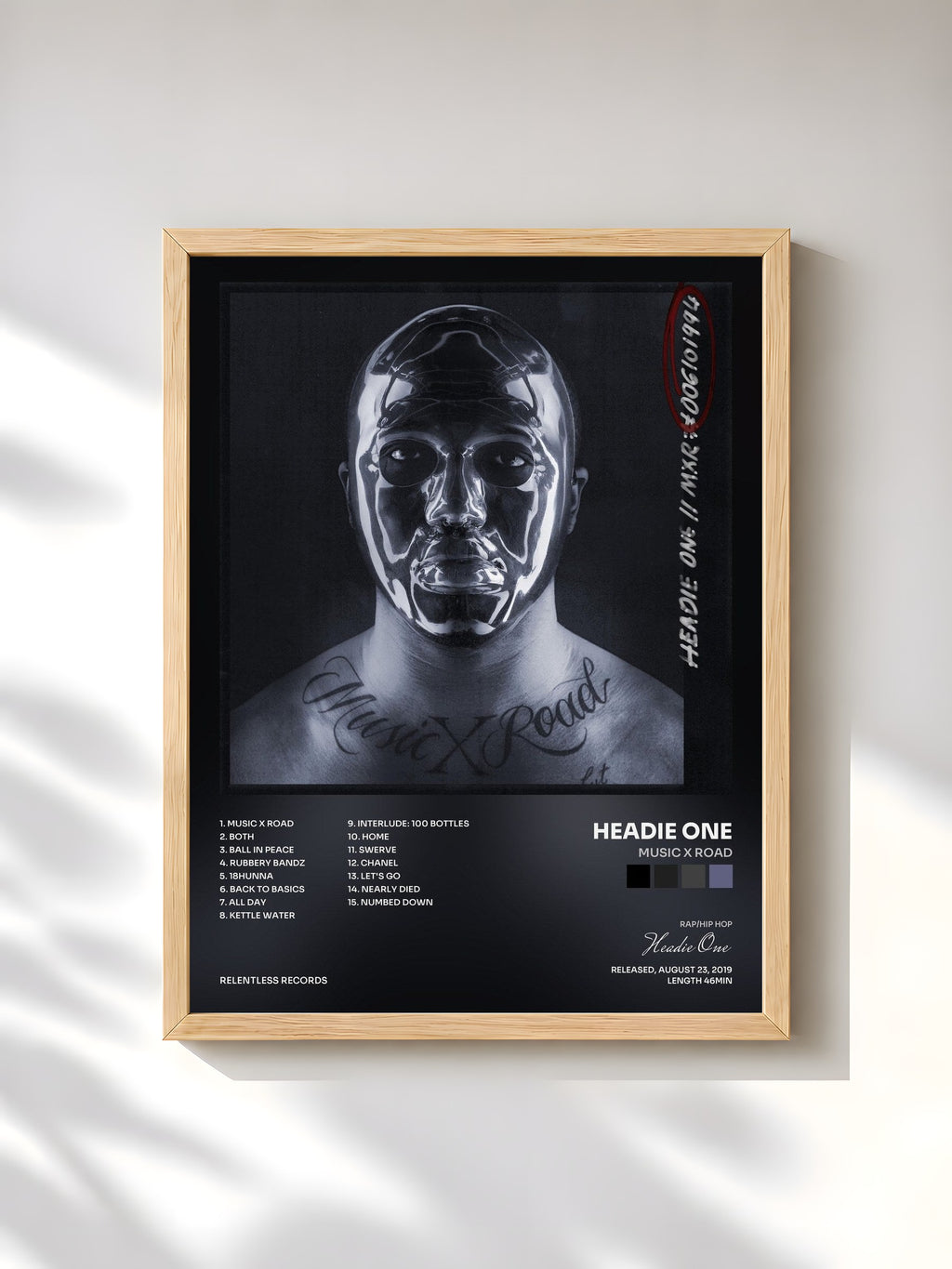 #bois Tableau de l'album Music x Road de Headie One, cadre en bois brut, imprimé et encadré en France