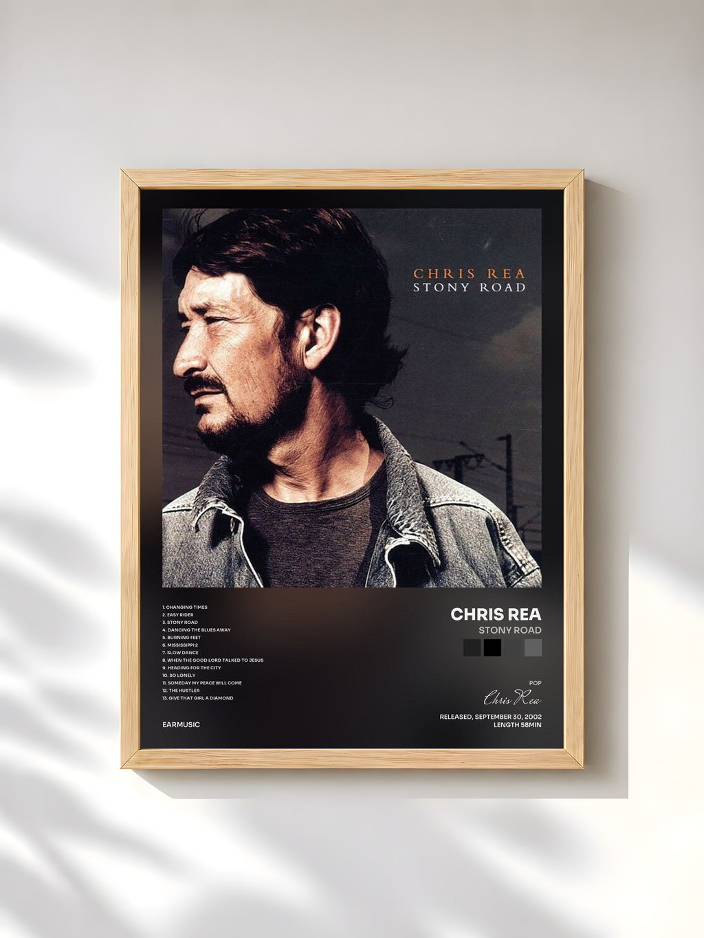 #bois Tableau de l'album Stony Road de Chris Rea, cadre en bois brut, imprimé et encadré en France