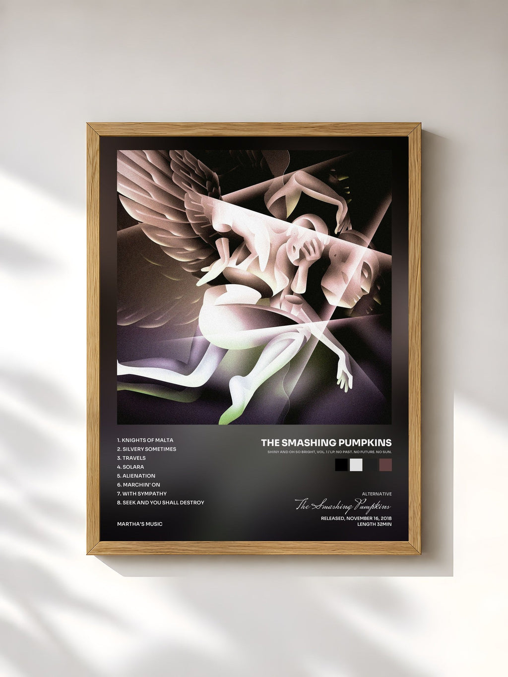 #bois Tableau de l'album SHINY AND OH SO BRIGHT, VOL. 1 / LP: NO PAST. NO FUTURE. NO SUN. de The Smashing Pumpkins, cadre en bois brut, imprimé et encadré en France