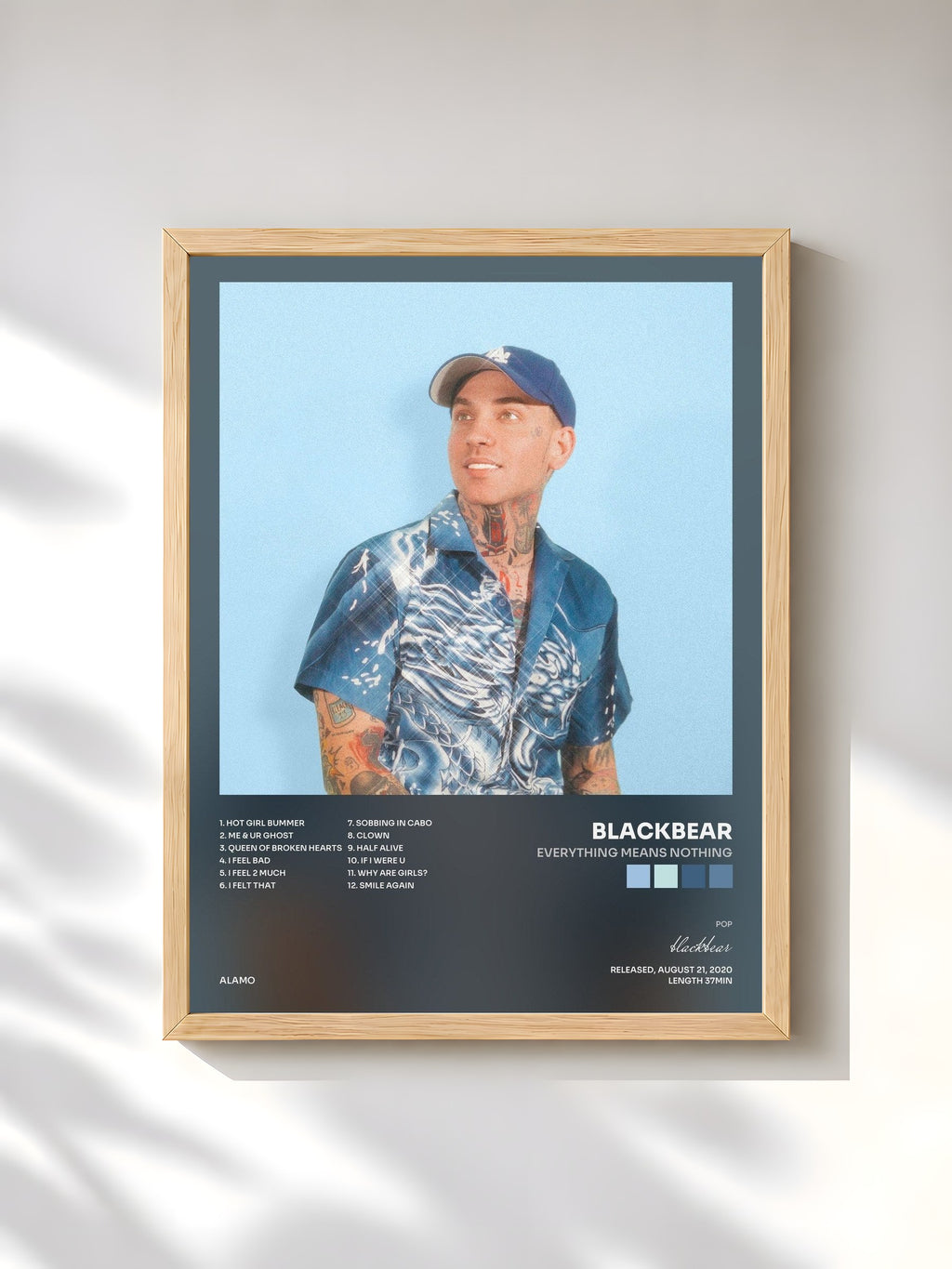 #bois Tableau de l'album everything means nothing de blackbear, cadre en bois brut, imprimé et encadré en France