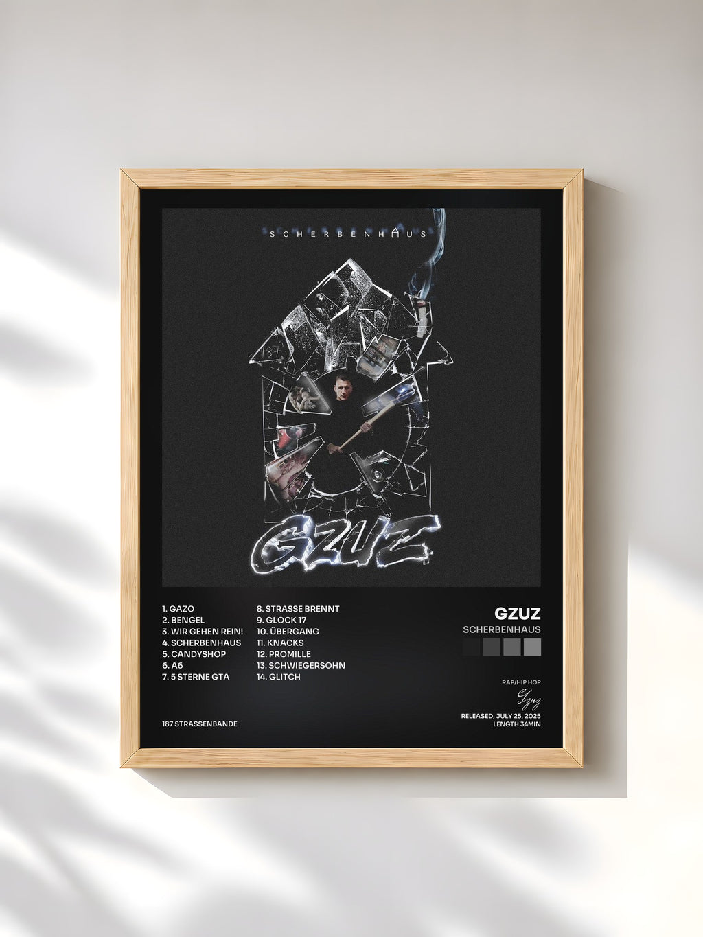 #bois Tableau de l'album SCHERBENHAUS de Gzuz, cadre en bois brut, imprimé et encadré en France