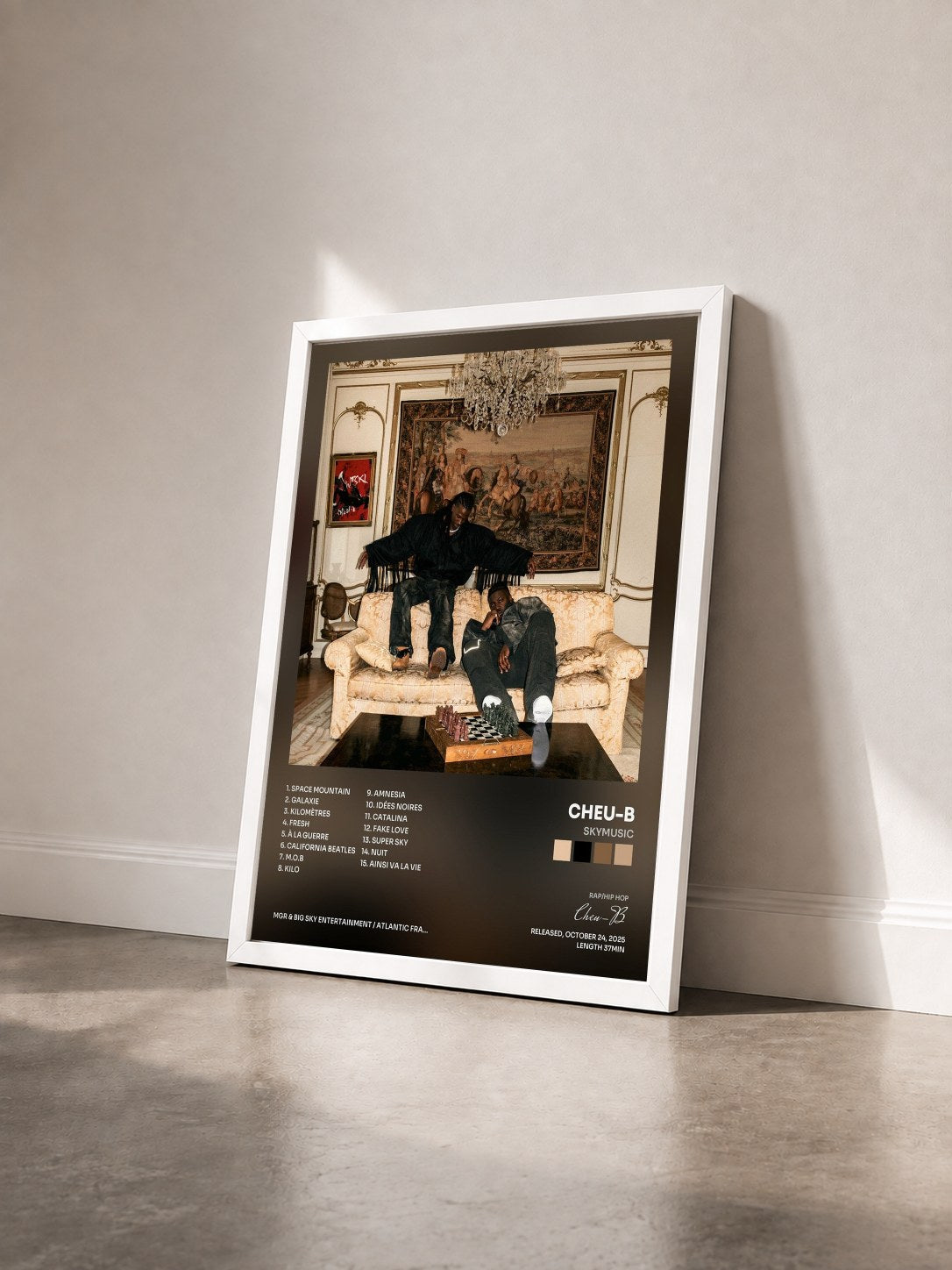 #blanc Tableau de l'album SKYMUSIC de Cheu-B vu de trois quarts, cadre blanc