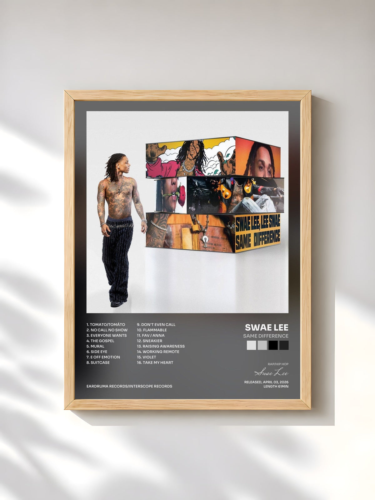 #bois Tableau de l'album SAME DIFFERENCE de Swae Lee, cadre en bois brut, imprimé et encadré en France