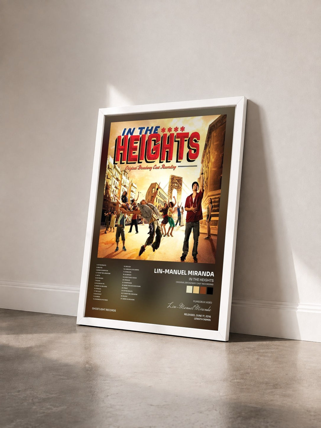 #blanc Tableau de l'album In the Heights (Original Broadway Cast Recording) de Lin-Manuel Miranda vu de trois quarts, cadre blanc