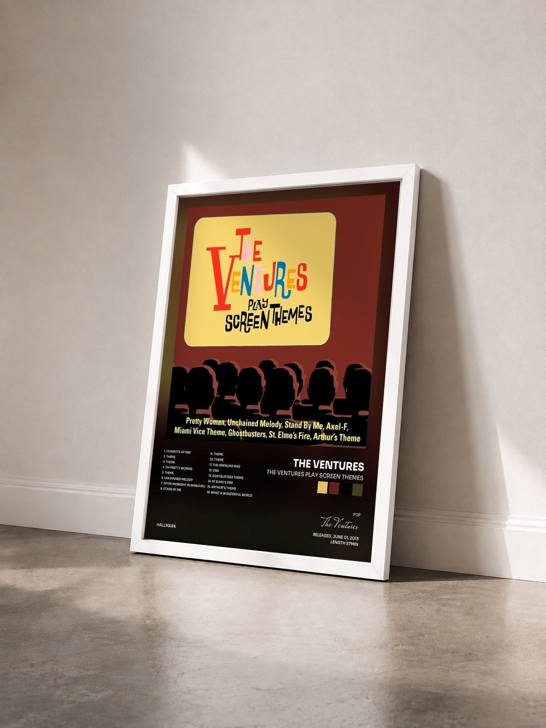 #blanc Tableau de l'album The Ventures Play Screen Themes de The Ventures vu de trois quarts, cadre blanc