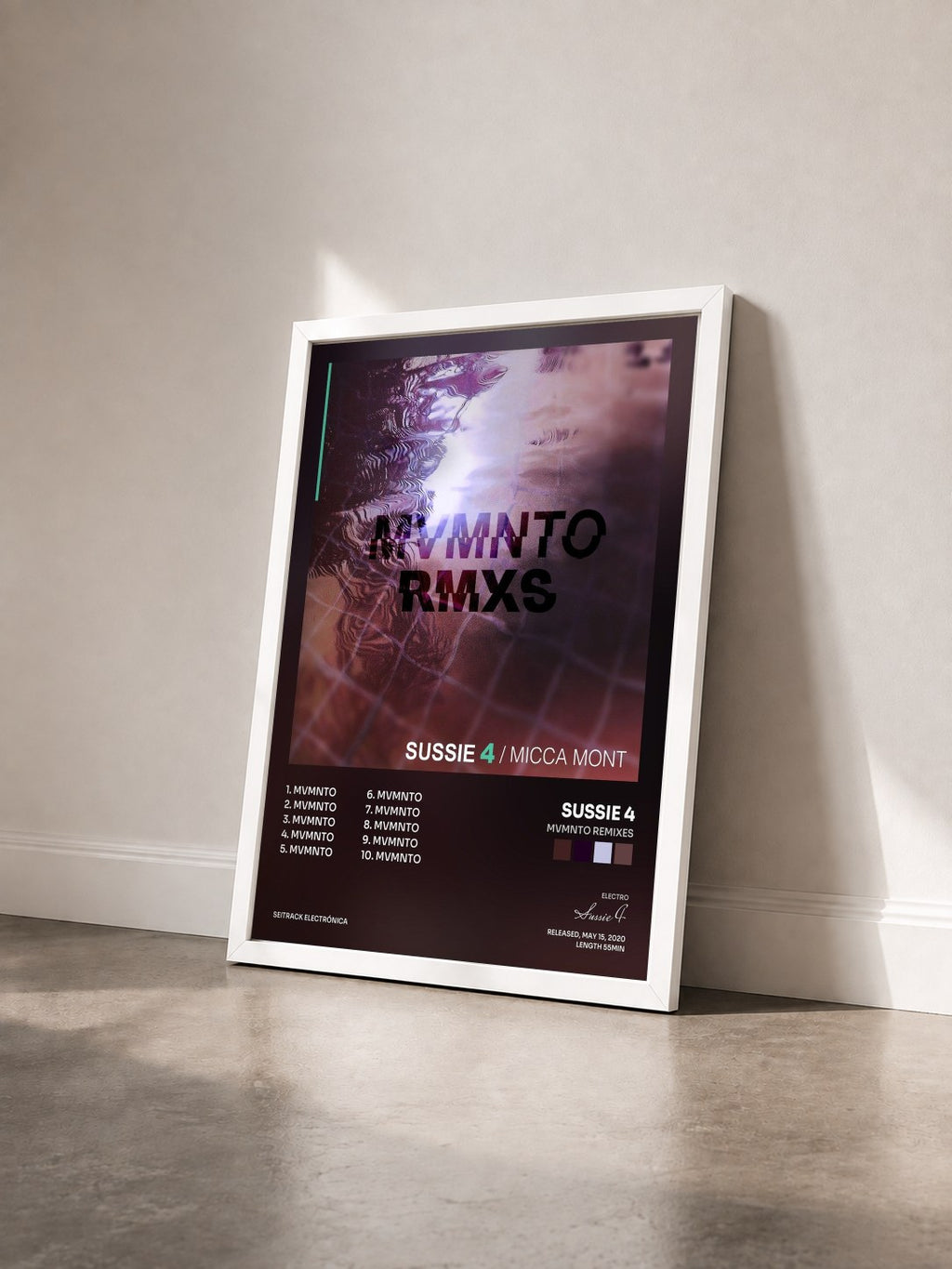 #blanc Tableau de l'album Mvmnto Remixes de Sussie 4 vu de trois quarts, cadre blanc
