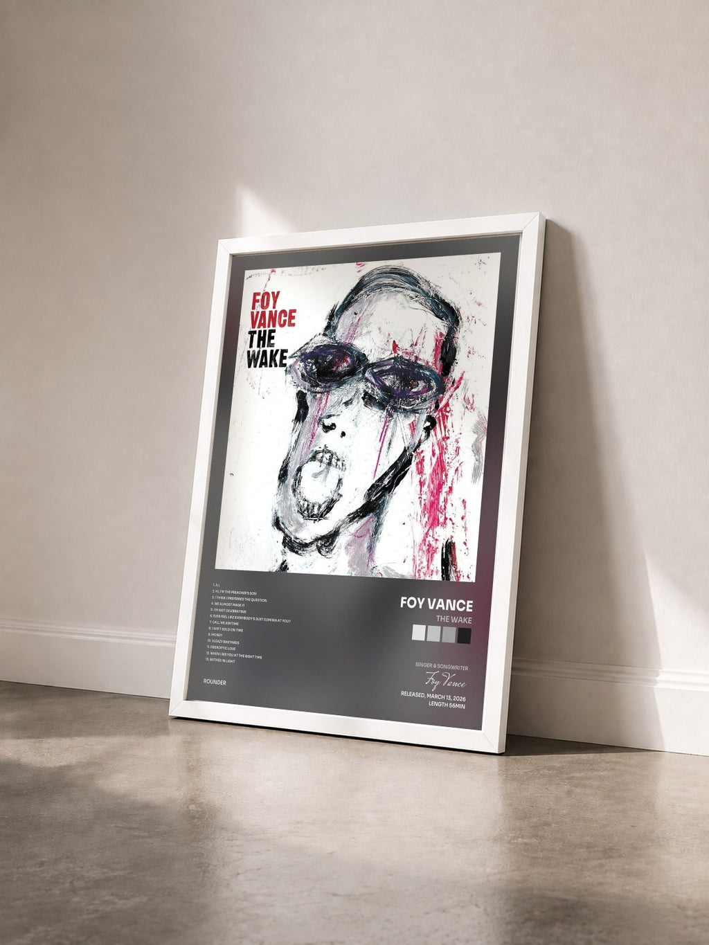 #blanc Tableau de l'album The Wake de Foy Vance vu de trois quarts, cadre blanc