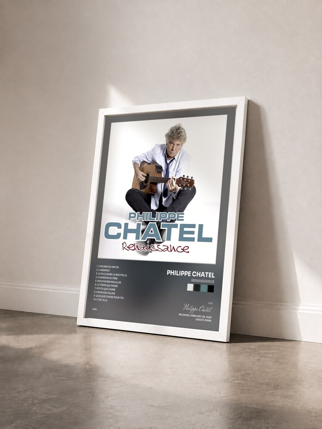 #blanc Tableau de l'album Renaissance de Philippe Chatel vu de trois quarts, cadre blanc