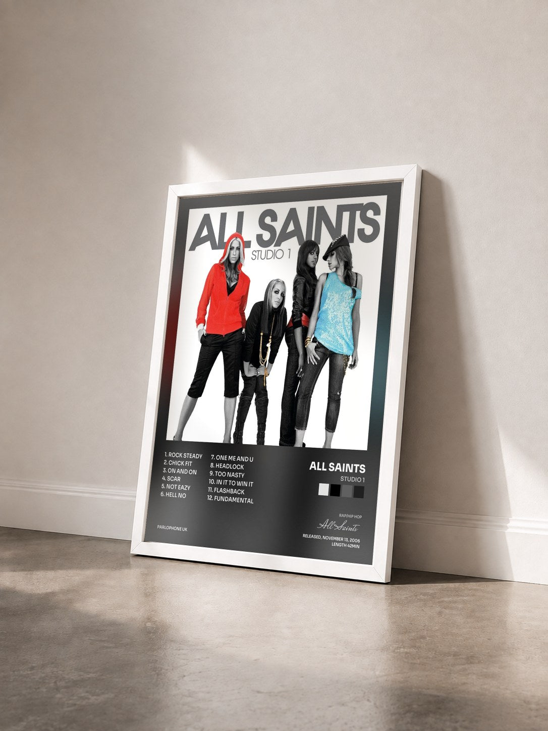 #blanc Tableau de l'album Studio 1 de All Saints vu de trois quarts, cadre blanc