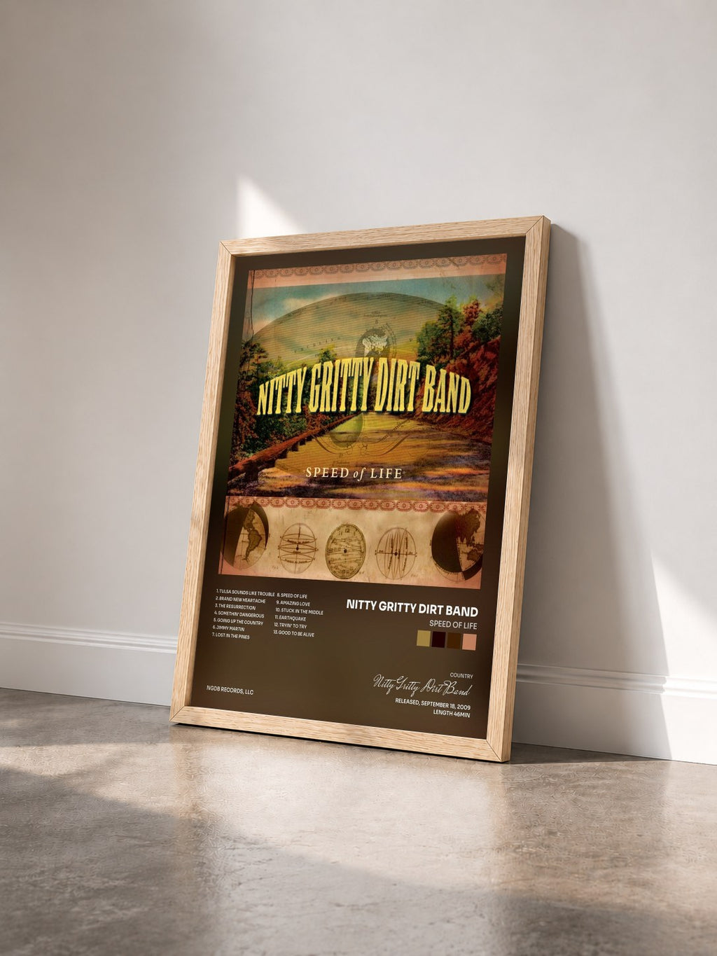 #bois Tableau de l'album Speed of Life de Nitty Gritty Dirt Band vu de trois quarts, cadre en bois brut