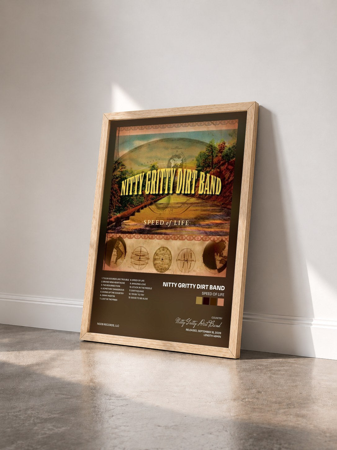 #bois Tableau de l'album Speed of Life de Nitty Gritty Dirt Band vu de trois quarts, cadre en bois brut
