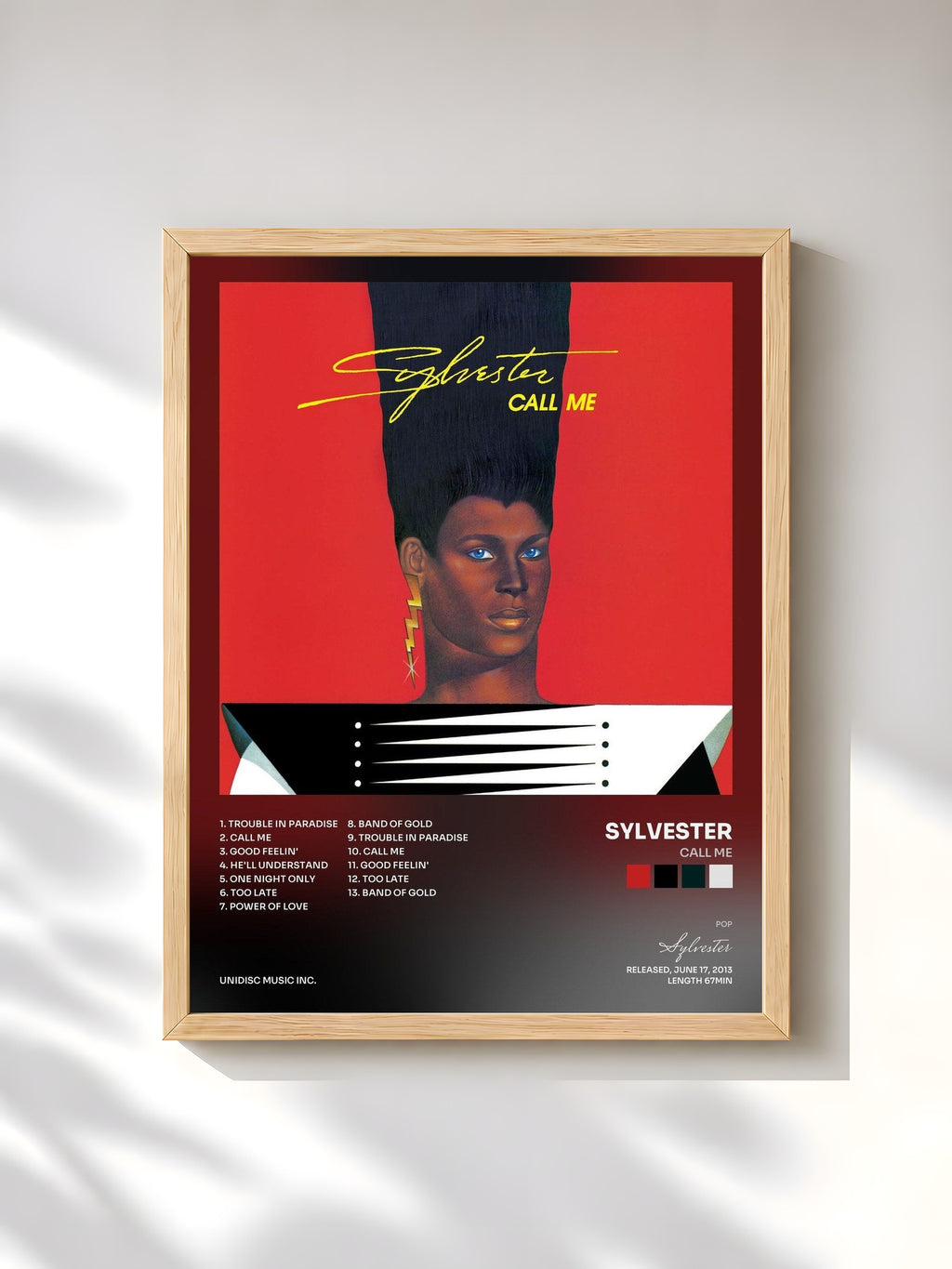 #bois Tableau de l'album Call Me de Sylvester, cadre en bois brut, imprimé et encadré en France
