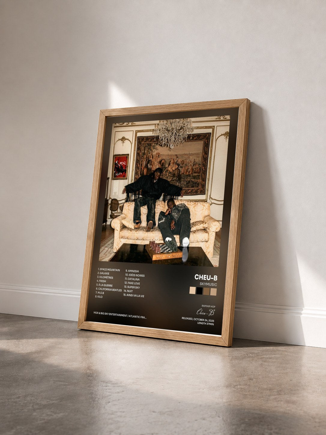 #bois Tableau de l'album SKYMUSIC de Cheu-B vu de trois quarts, cadre en bois brut