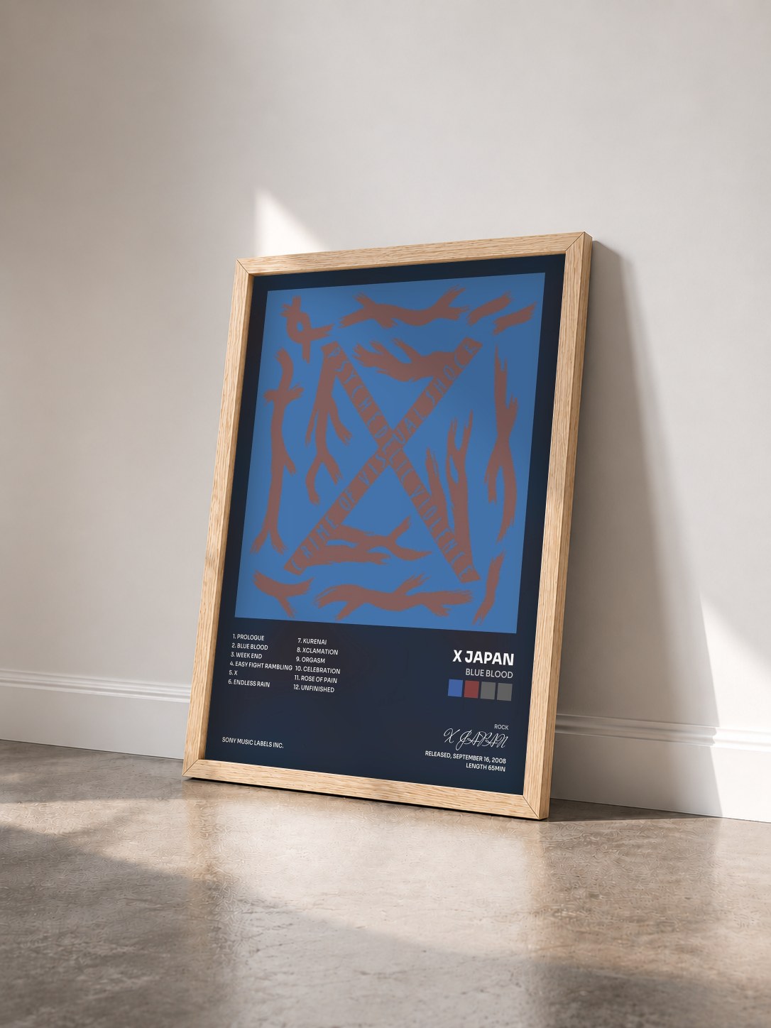 #bois Tableau de l'album Blue Blood de X JAPAN vu de trois quarts, cadre en bois brut