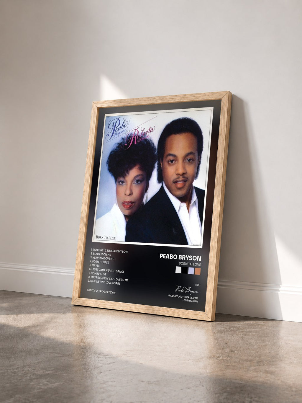 #bois Tableau de l'album Born To Love de Peabo Bryson vu de trois quarts, cadre en bois brut