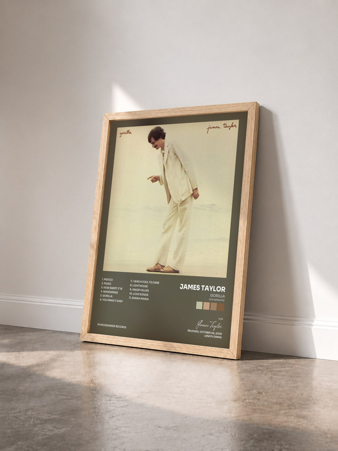 #bois Tableau de l'album Gorilla (2019 Remaster) de James Taylor vu de trois quarts, cadre en bois brut