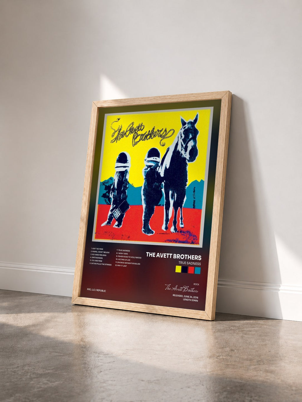 #bois Tableau de l'album True Sadness de The Avett Brothers vu de trois quarts, cadre en bois brut