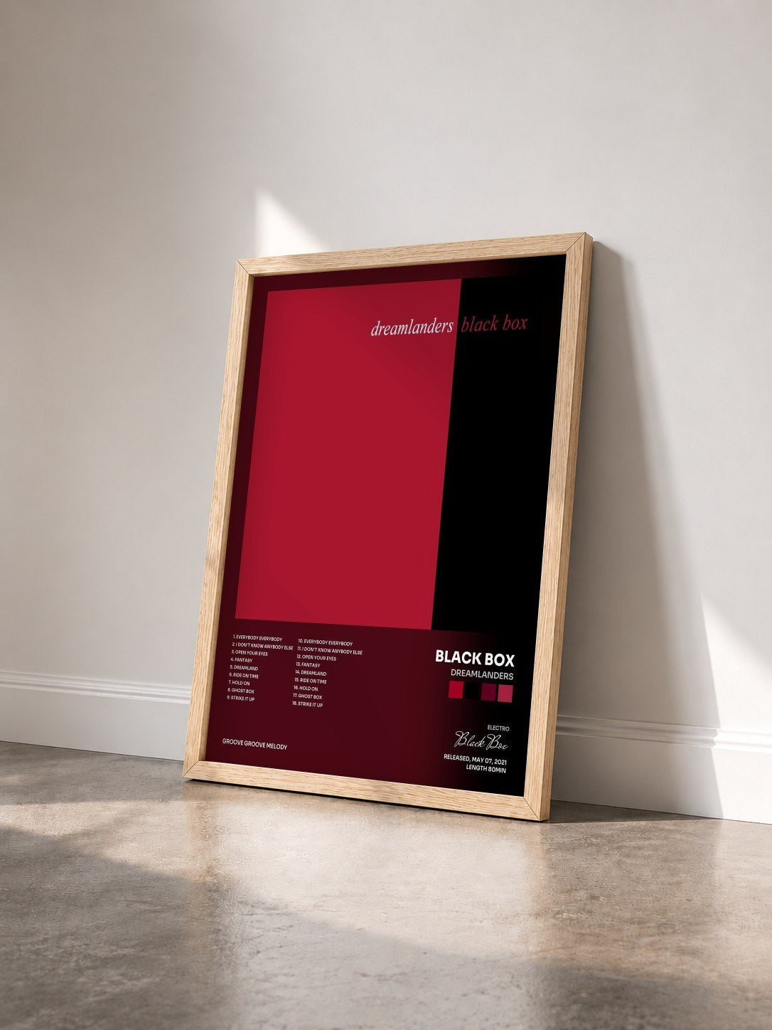 #bois Tableau de l'album Dreamlanders de Black Box vu de trois quarts, cadre en bois brut