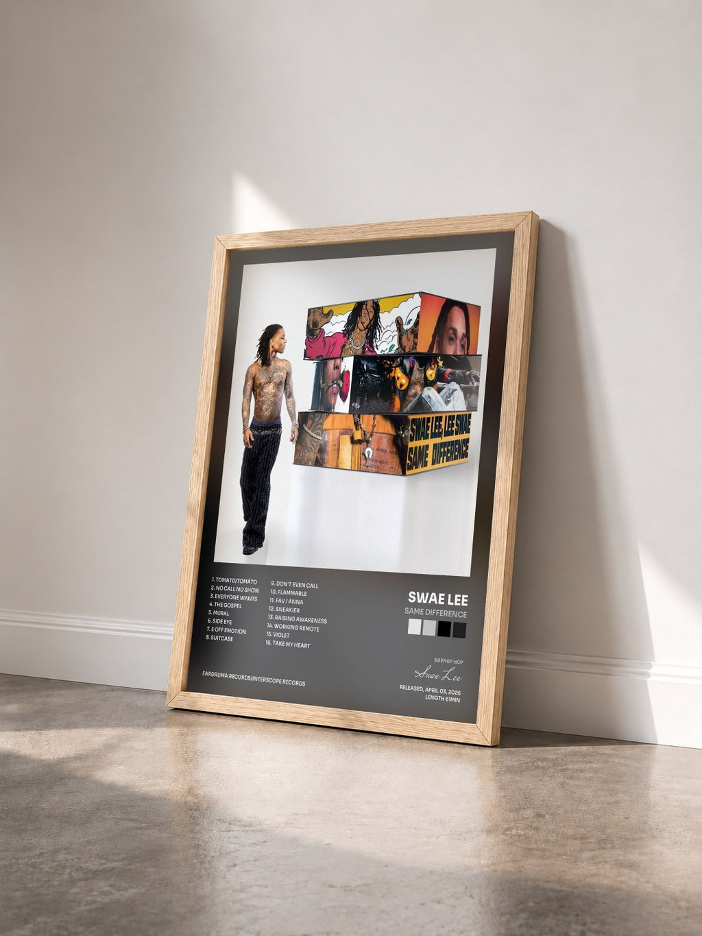 #bois Tableau de l'album SAME DIFFERENCE de Swae Lee vu de trois quarts, cadre en bois brut