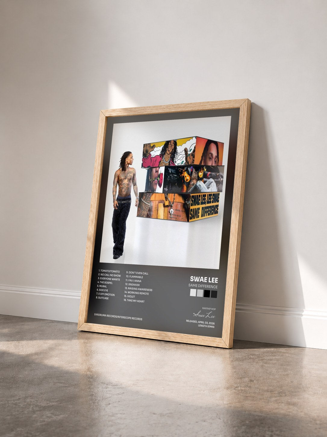 #bois Tableau de l'album SAME DIFFERENCE de Swae Lee vu de trois quarts, cadre en bois brut