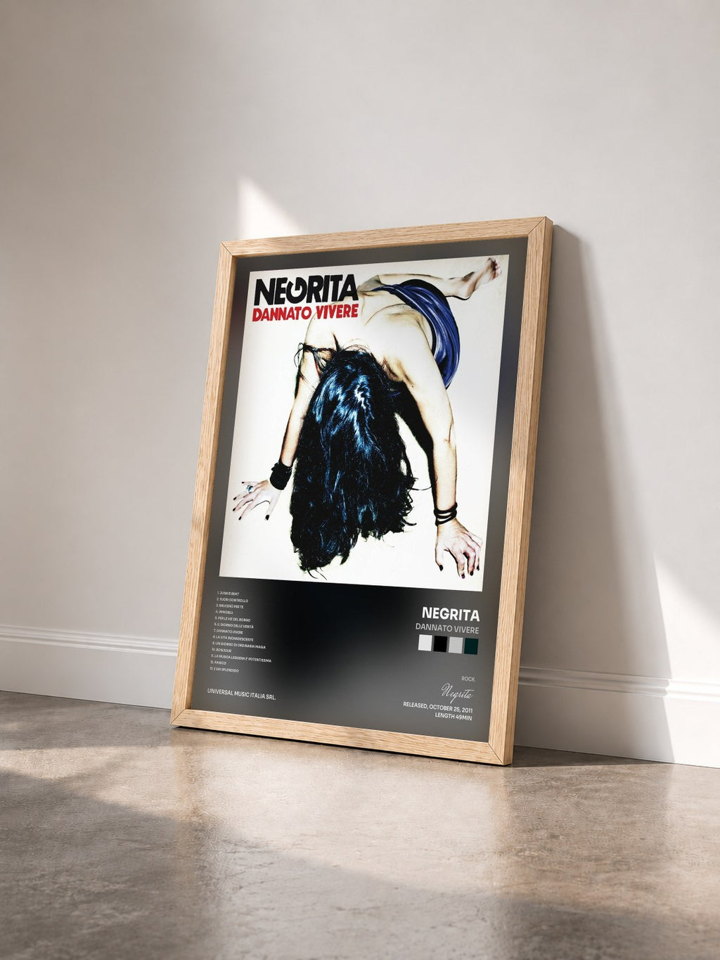 #bois Tableau de l'album Dannato Vivere de Negrita vu de trois quarts, cadre en bois brut