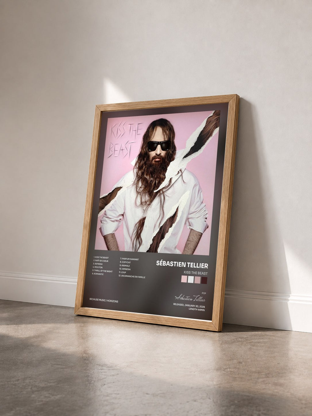 #bois Tableau de l'album Kiss The Beast de Sébastien Tellier vu de trois quarts, cadre en bois brut