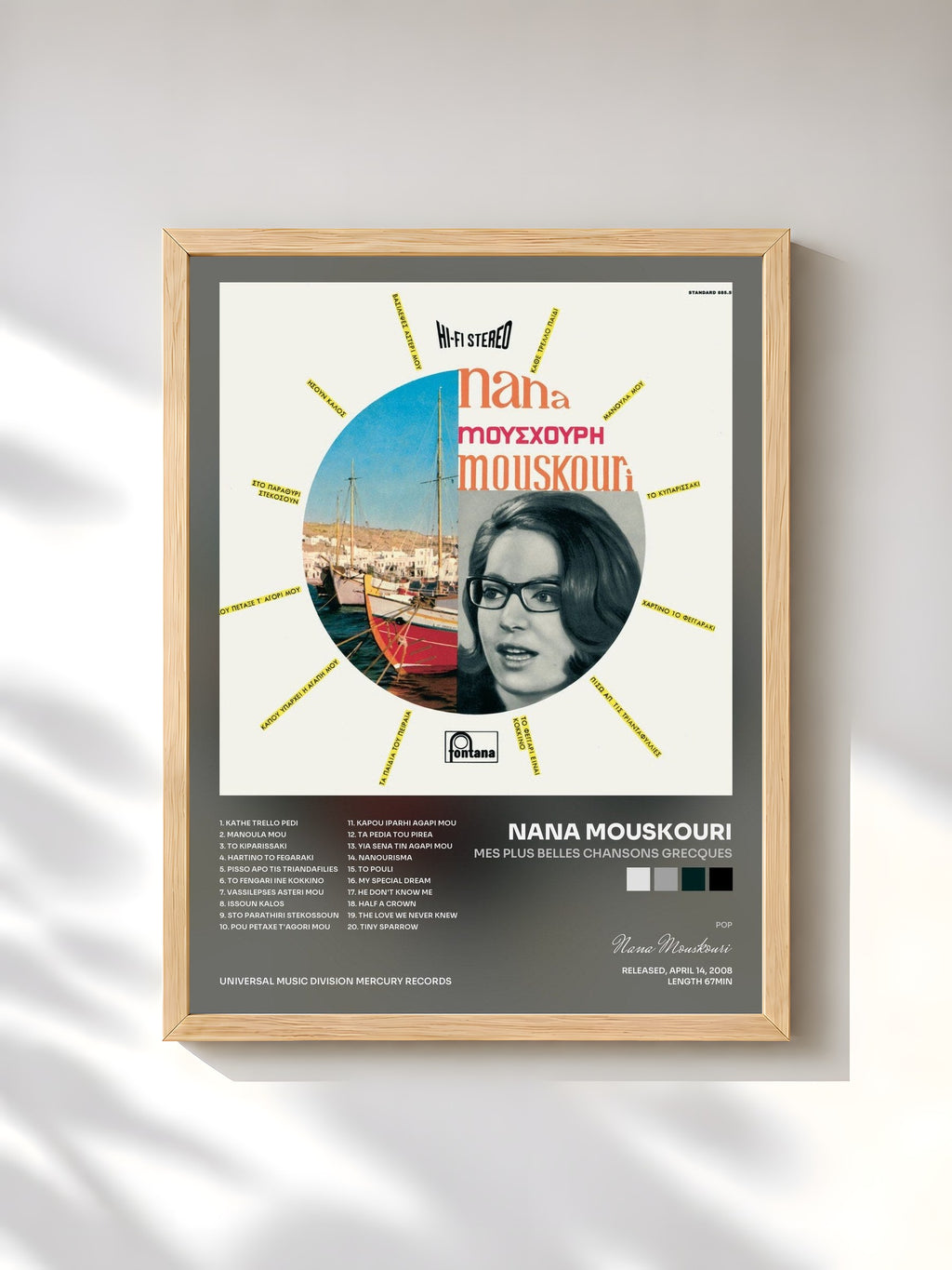 #bois Tableau de l'album Mes Plus Belles Chansons Grecques de Nana Mouskouri, cadre en bois brut, imprimé et encadré en France
