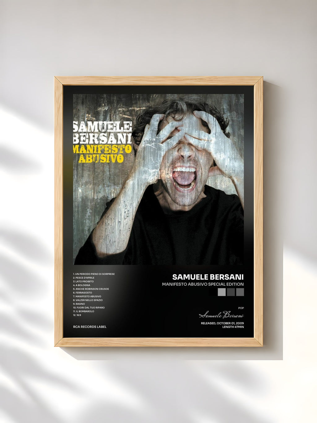 #bois Tableau de l'album Manifesto Abusivo Special Edition de Samuele Bersani, cadre en bois brut, imprimé et encadré en France