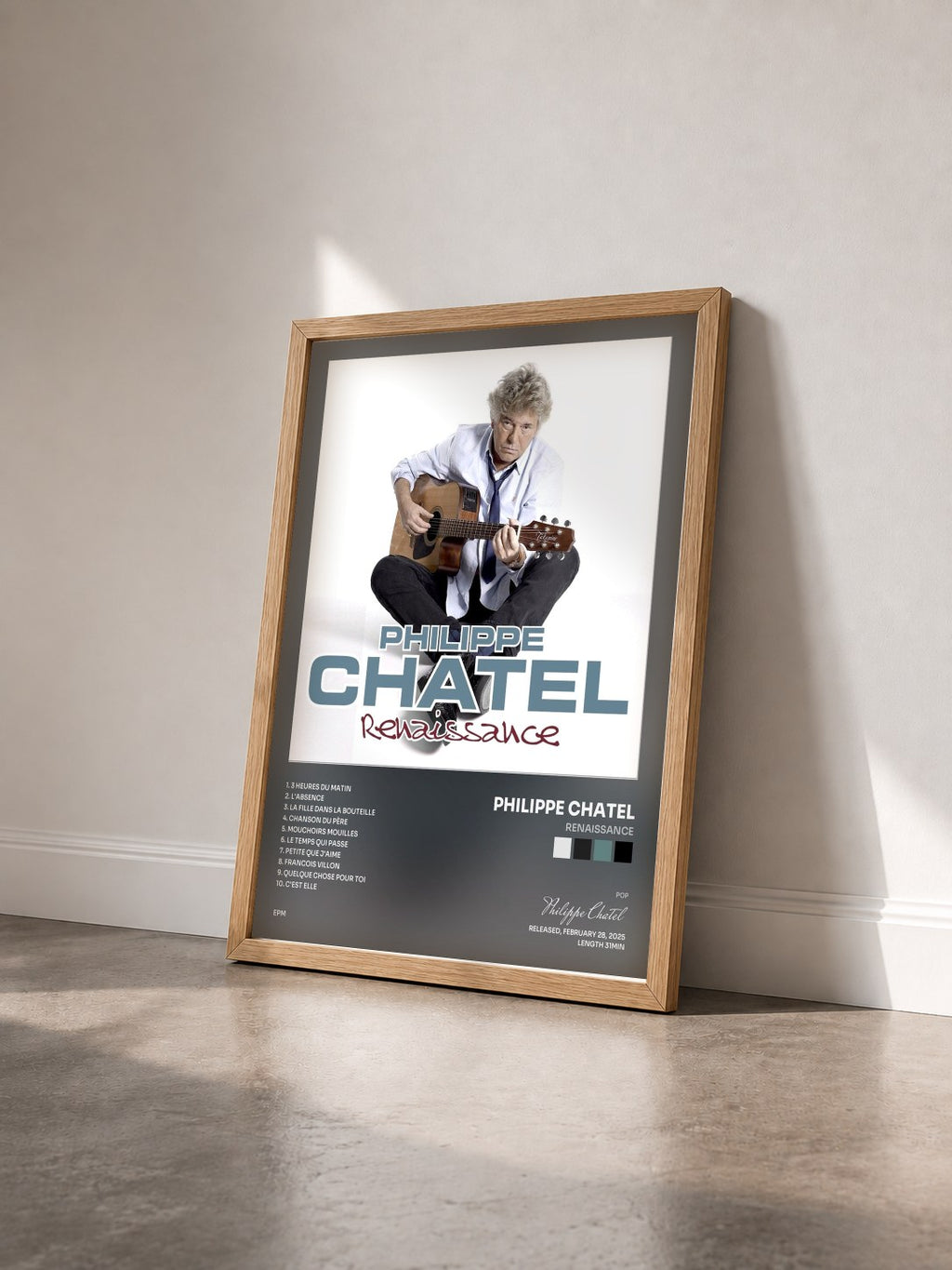 #bois Tableau de l'album Renaissance de Philippe Chatel vu de trois quarts, cadre en bois brut