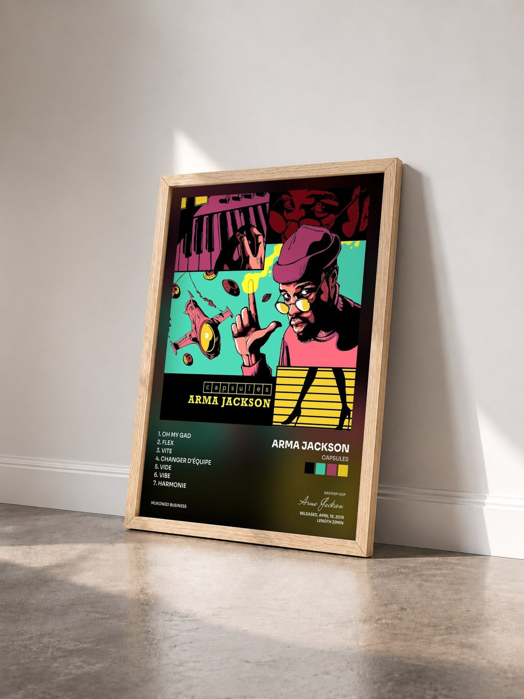 #bois Tableau de l'album Capsules de Arma Jackson vu de trois quarts, cadre en bois brut