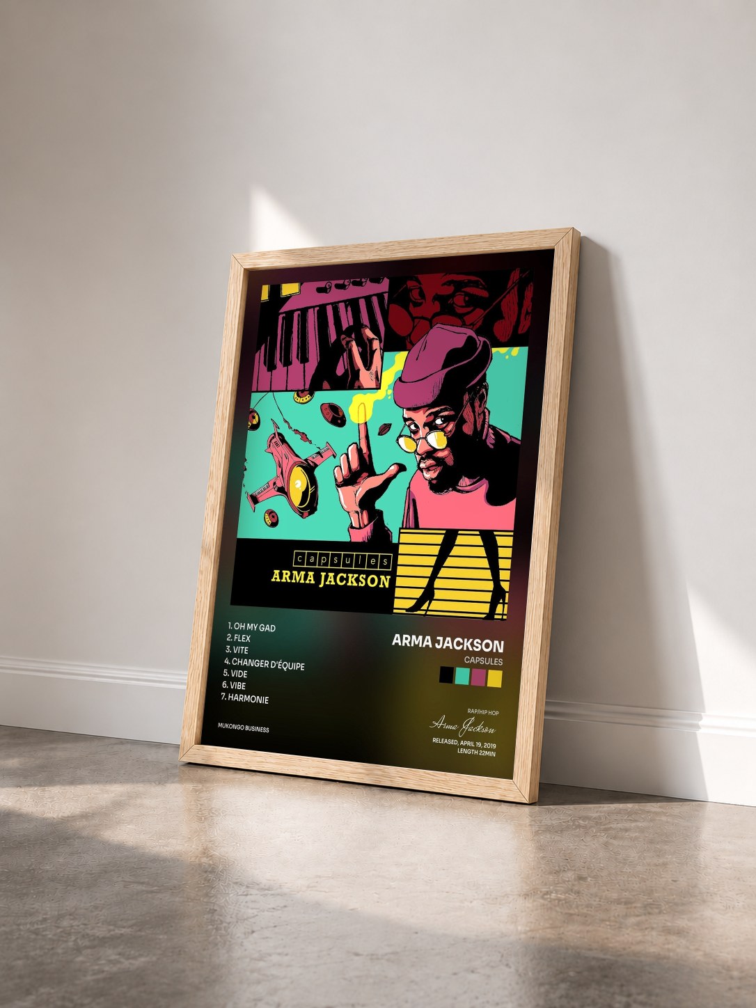 #bois Tableau de l'album Capsules de Arma Jackson vu de trois quarts, cadre en bois brut