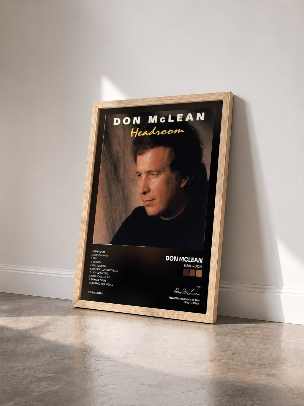 #bois Tableau de l'album Headroom de Don McLean vu de trois quarts, cadre en bois brut
