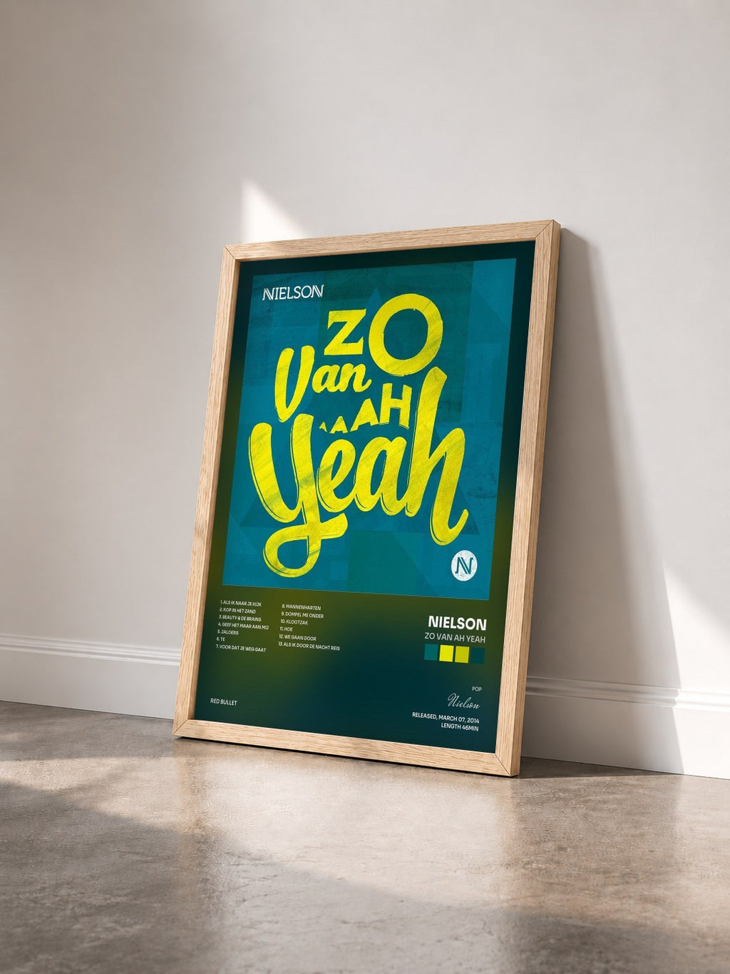 #bois Tableau de l'album Zo Van Ah Yeah de Nielson vu de trois quarts, cadre en bois brut