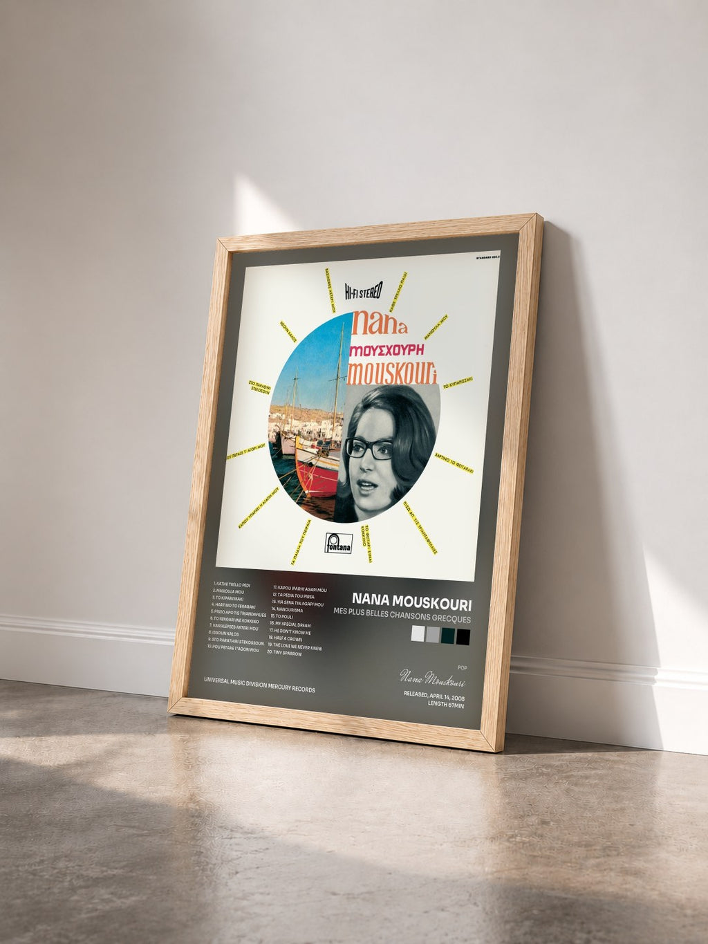 #bois Tableau de l'album Mes Plus Belles Chansons Grecques de Nana Mouskouri vu de trois quarts, cadre en bois brut