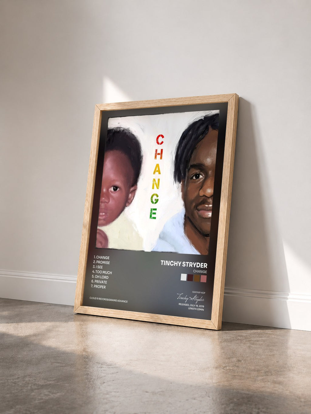 #bois Tableau de l'album Change de Tinchy Stryder vu de trois quarts, cadre en bois brut