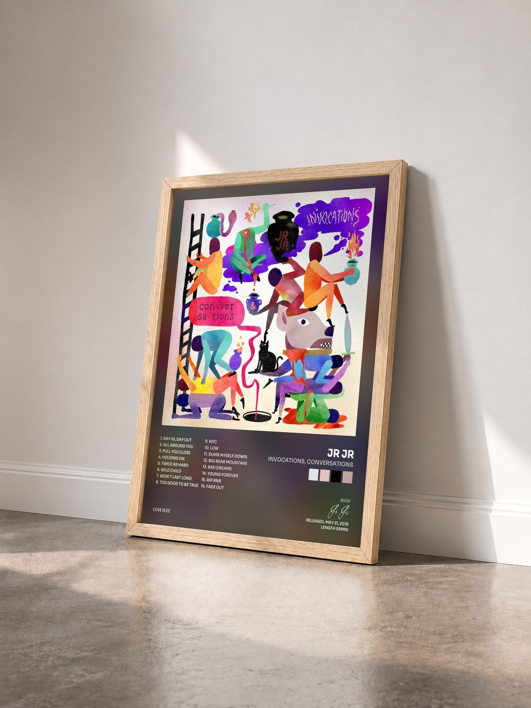 #bois Tableau de l'album Invocations, Conversations de Jr Jr vu de trois quarts, cadre en bois brut