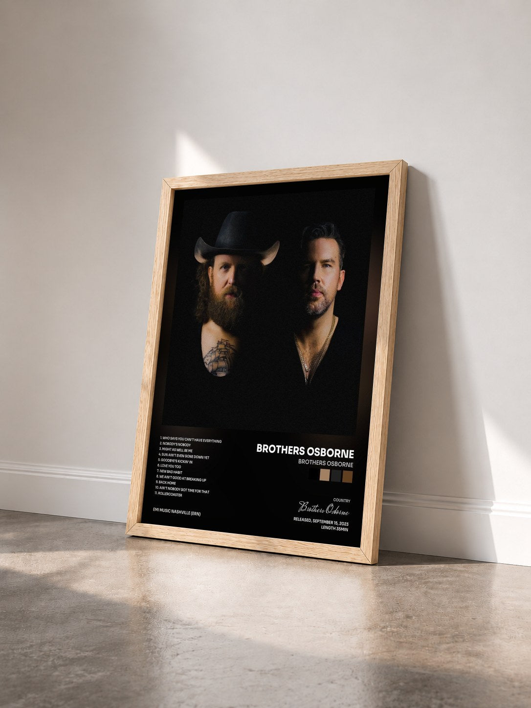 #bois Tableau de l'album Brothers Osborne de Brothers Osborne vu de trois quarts, cadre en bois brut