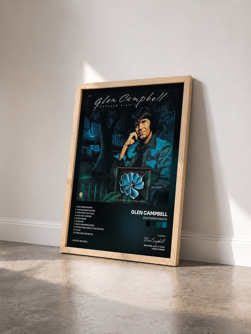 #bois Tableau de l'album Southern Nights de Glen Campbell vu de trois quarts, cadre en bois brut