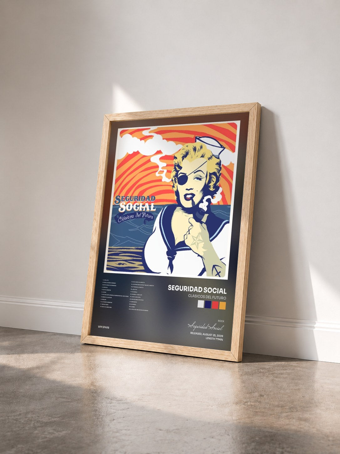 #bois Tableau de l'album Clasicos del futuro de Seguridad Social vu de trois quarts, cadre en bois brut