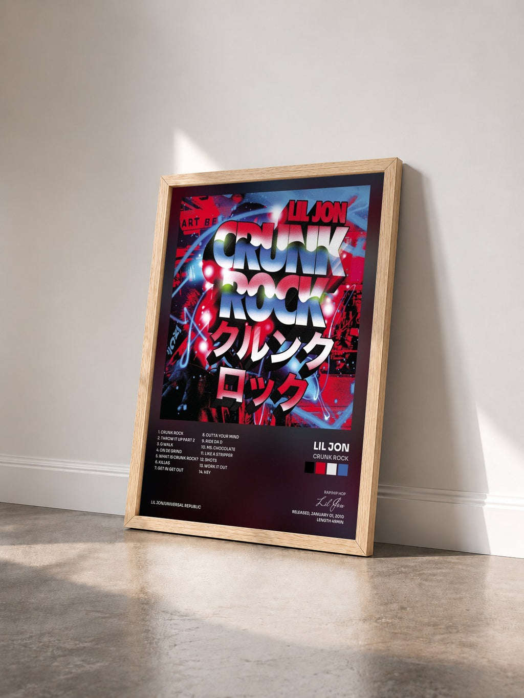 #bois Tableau de l'album Crunk Rock de Lil Jon vu de trois quarts, cadre en bois brut