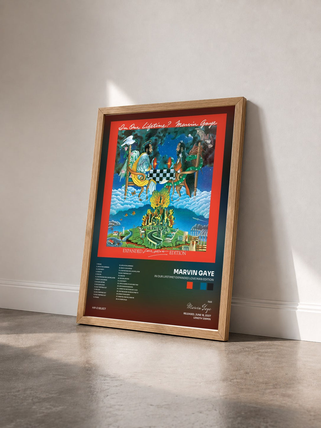 #bois Tableau de l'album In Our Lifetime? Expanded Love Man Edition de Marvin Gaye vu de trois quarts, cadre en bois brut