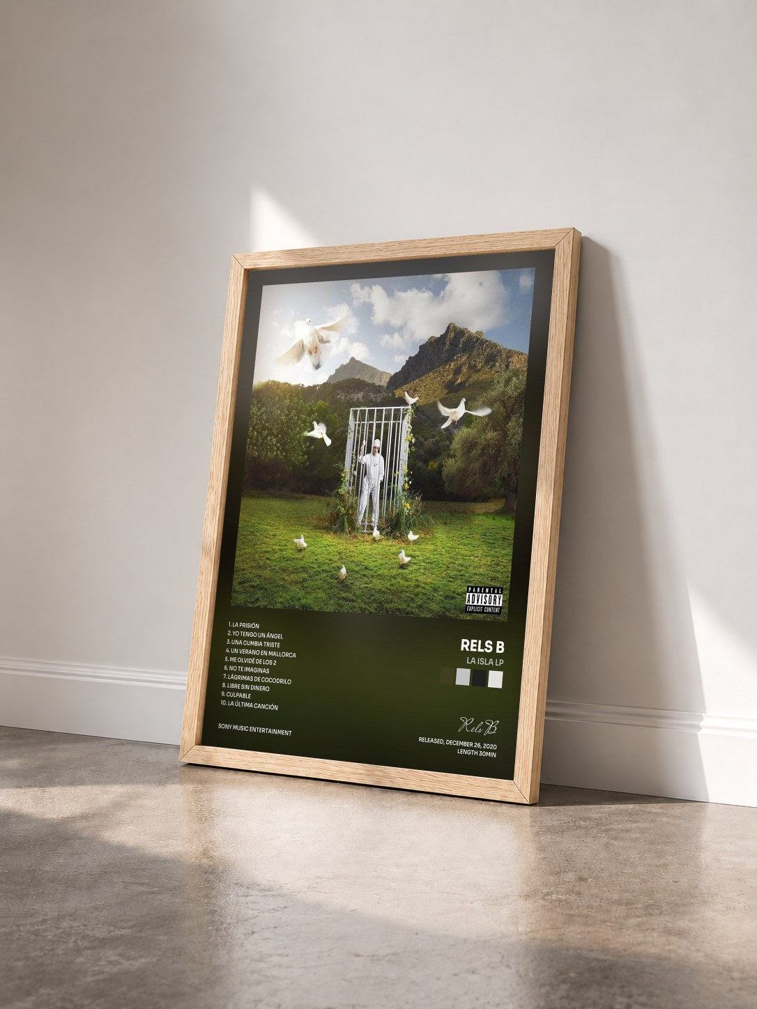 #bois Tableau de l'album LA ISLA LP de Rels B vu de trois quarts, cadre en bois brut