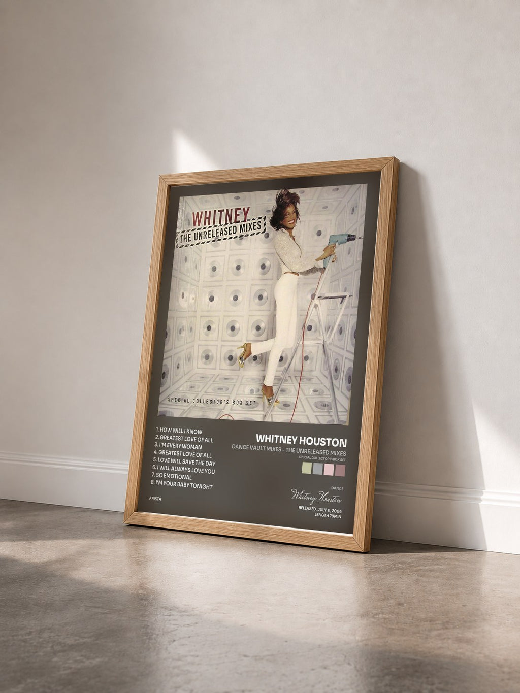 #bois Tableau de l'album Dance Vault Mixes - The Unreleased Mixes (Special Collector's Box Set) de Whitney Houston vu de trois quarts, cadre en bois brut