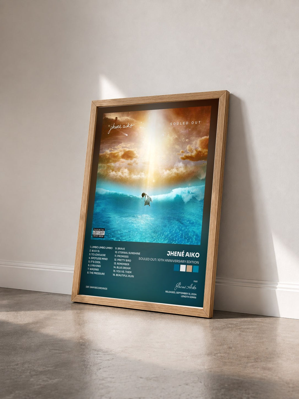 #bois Tableau de l'album Souled Out: 10th Anniversary Edition de Jhené Aiko vu de trois quarts, cadre en bois brut