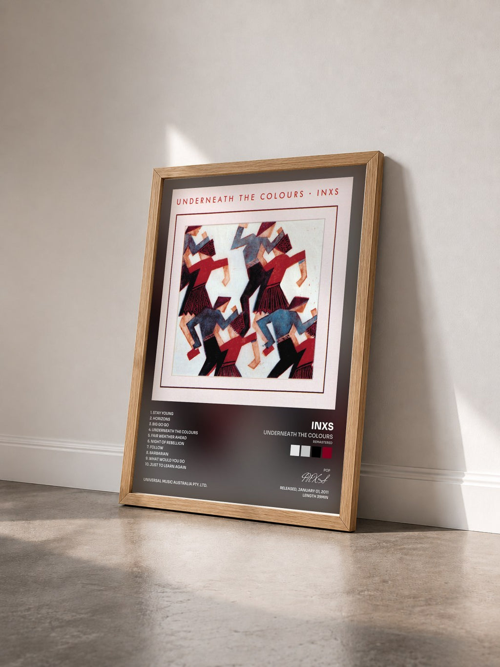 #bois Tableau de l'album Underneath The Colours (Remastered) de INXS vu de trois quarts, cadre en bois brut